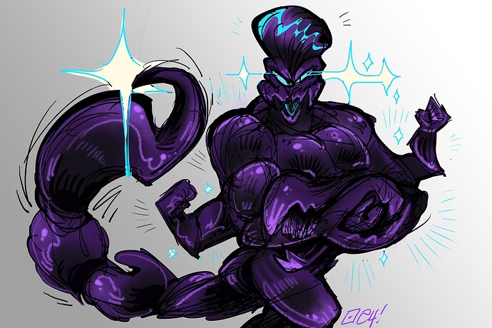 Zizz, a scorpion kobold, muscle flexing and grinning at the camera